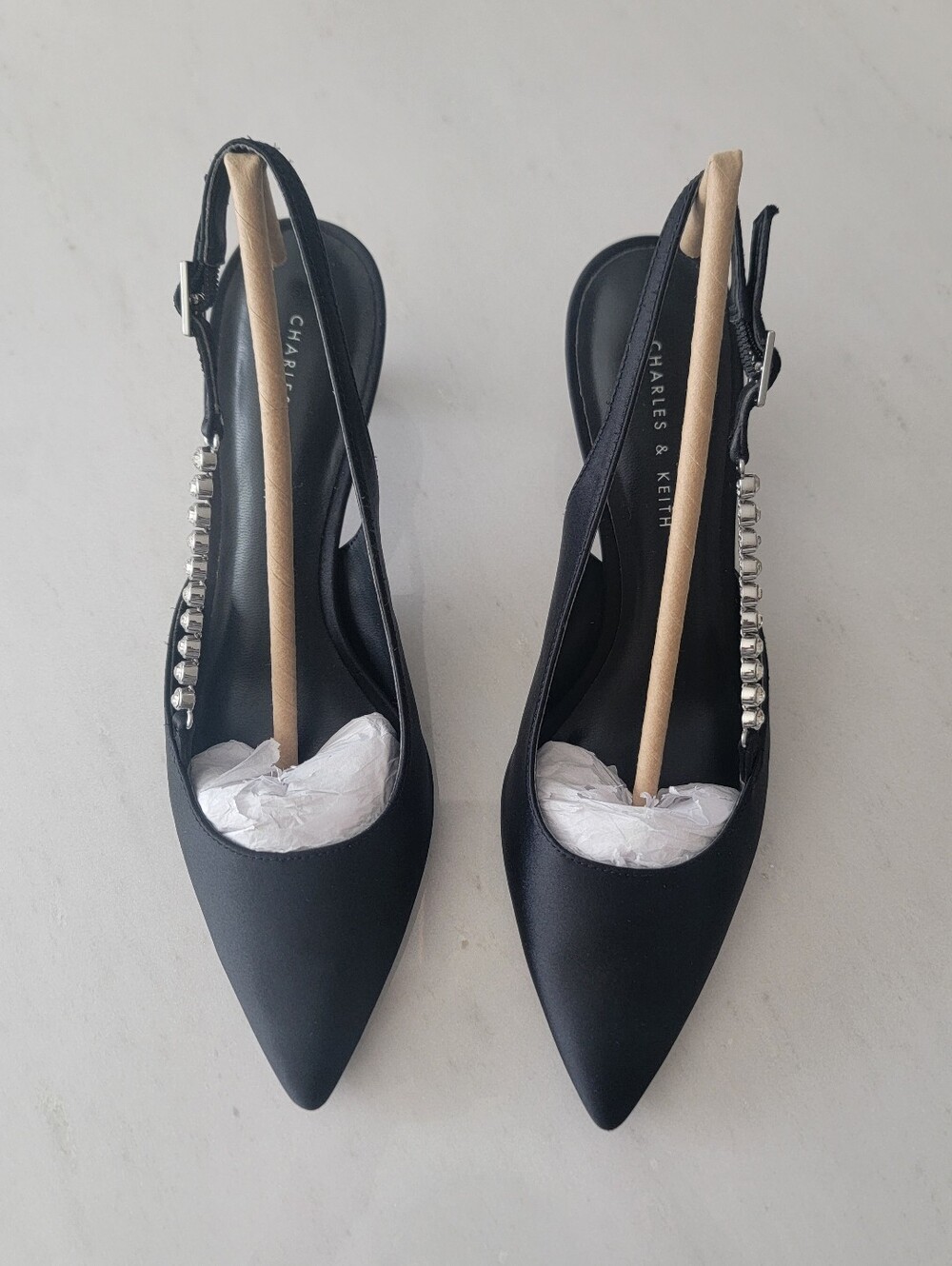 Charles & Keith Black Satin Slingback Heels with Side Crystal Row US 5